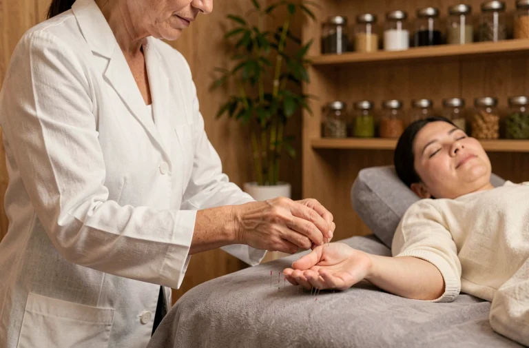 Séance d'acupuncture avec une praticienne plaçant des aiguilles sur le bras d'une patiente dans un cabinet de médecine douce