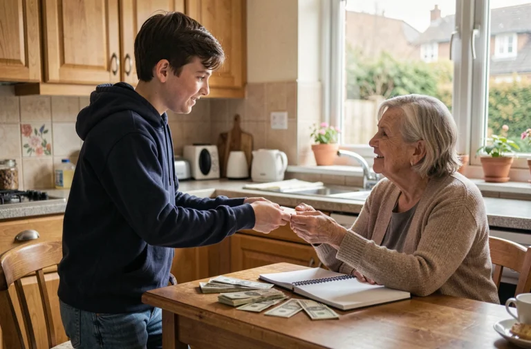 Adolescent remettant une enveloppe d'argent à sa mère à la table de cuisine pour l'aider financièrement