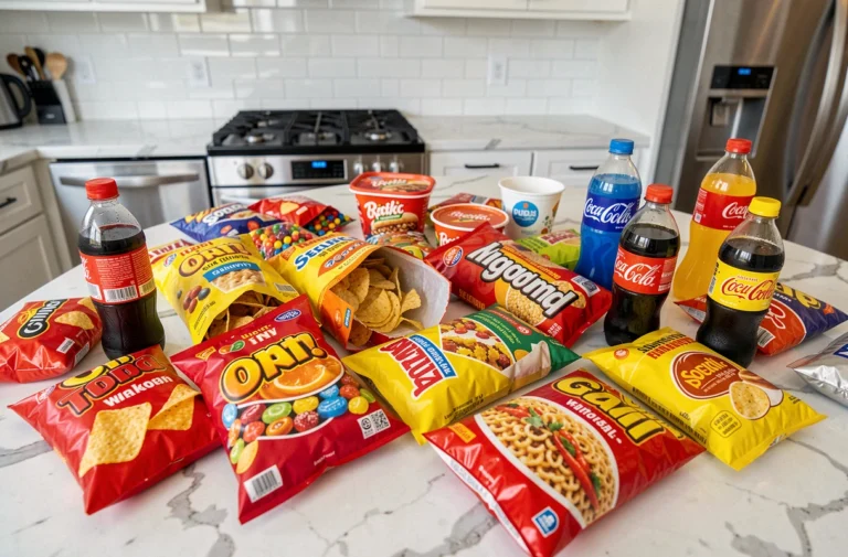 Comptoir de cuisine encombré d'aliments ultra-transformés nocifs pour la santé : chips, bonbons, fast-food et sodas sucrés