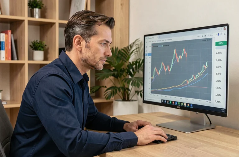 Homme analysant les rendements d'un ETF sur un écran d'ordinateur dans un bureau moderne