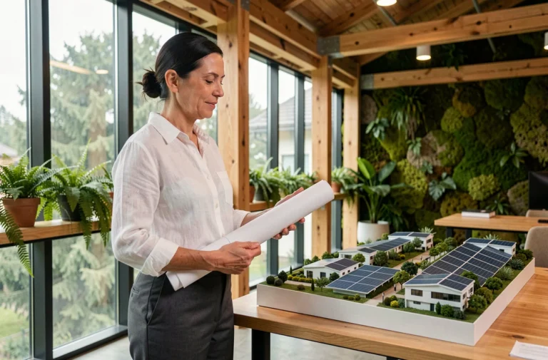 Architecte femme présentant un modèle de quartier urbain durable avec panneaux solaires et toits végétalisés dans un bureau éco-conçu