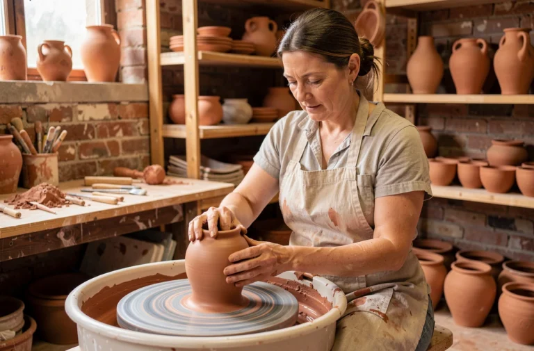 Artisane façonnant un vase en céramique sur un tour de potier dans un atelier rustique
