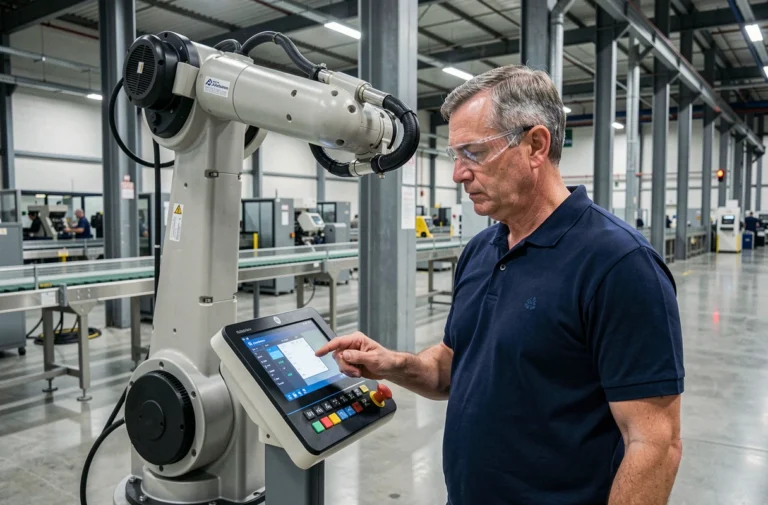 Ingénieur en usine examinant un bras robotique automatisé sur une ligne de production industrielle
