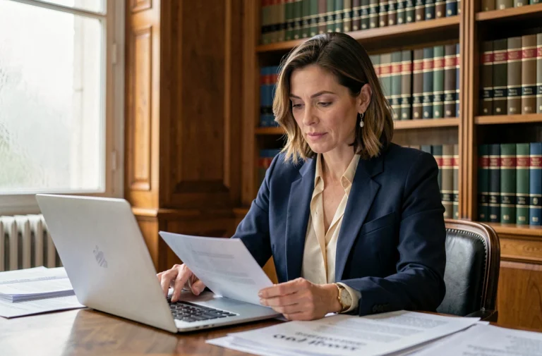 Avocate française consultant des documents juridiques liés à la loi Allure dans un cabinet parisien classique