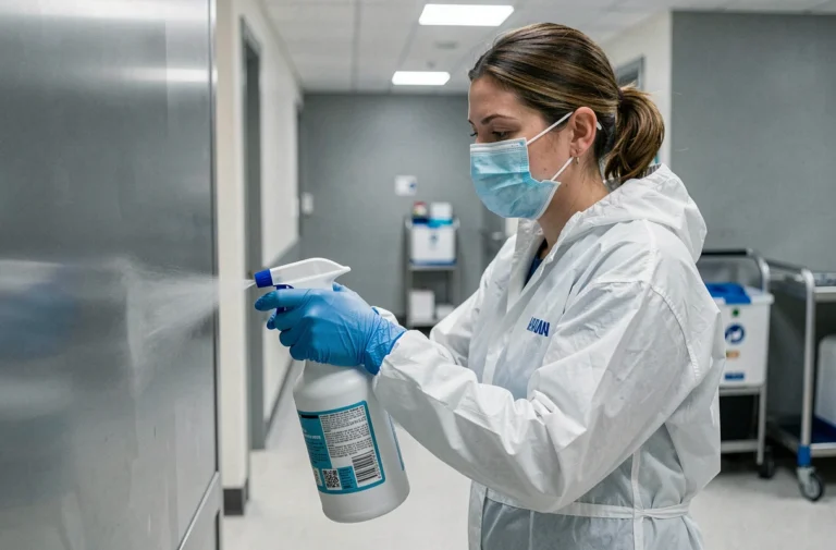 Technicienne en combinaison de protection effectuant un bio nettoyage professionnel dans un couloir médical stérile