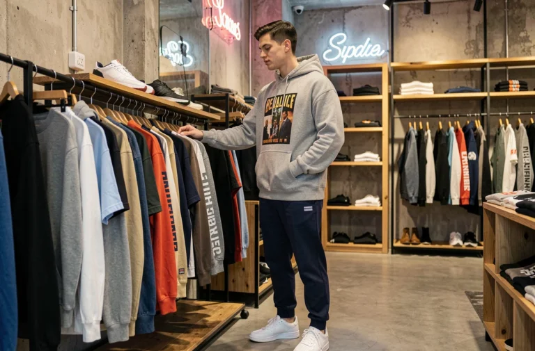 Jeune homme parcourant des vêtements streetwear dans une boutique urbaine tendance aux murs en béton brut