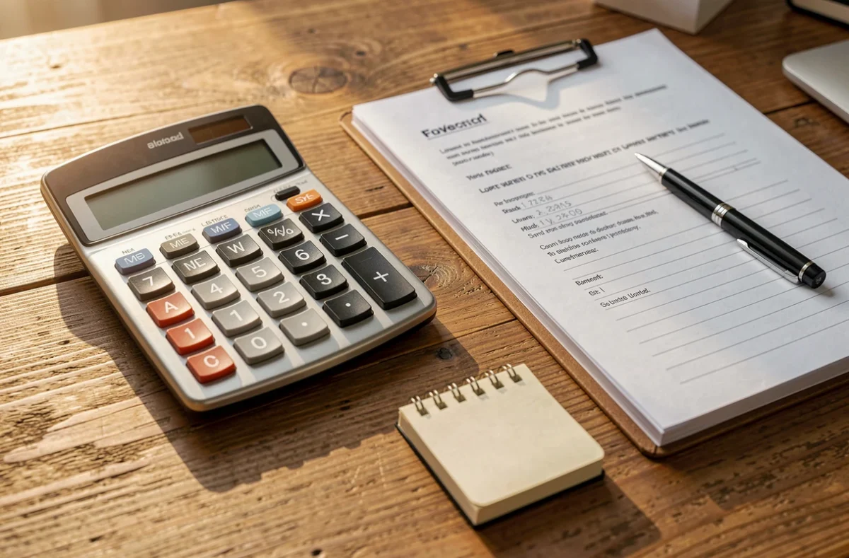 Calculatrice et documents de cotisations posés sur un bureau