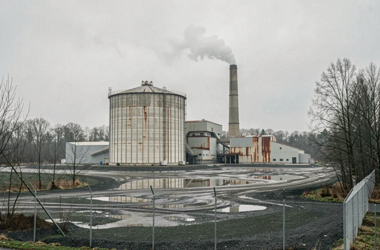Centrale de production d'énergie à partir de biomasse avec silo de stockage de copeaux de bois et cheminée émettant de la vapeur