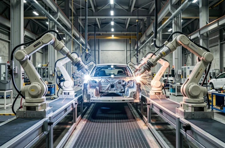 Chaîne de montage automobile moderne avec robots industriels dans une usine de production mondiale