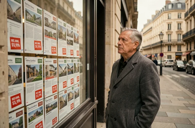Vitrine d'agence immobilière française avec des annonces affichant des prix en baisse et des étiquettes de réduction rouges
