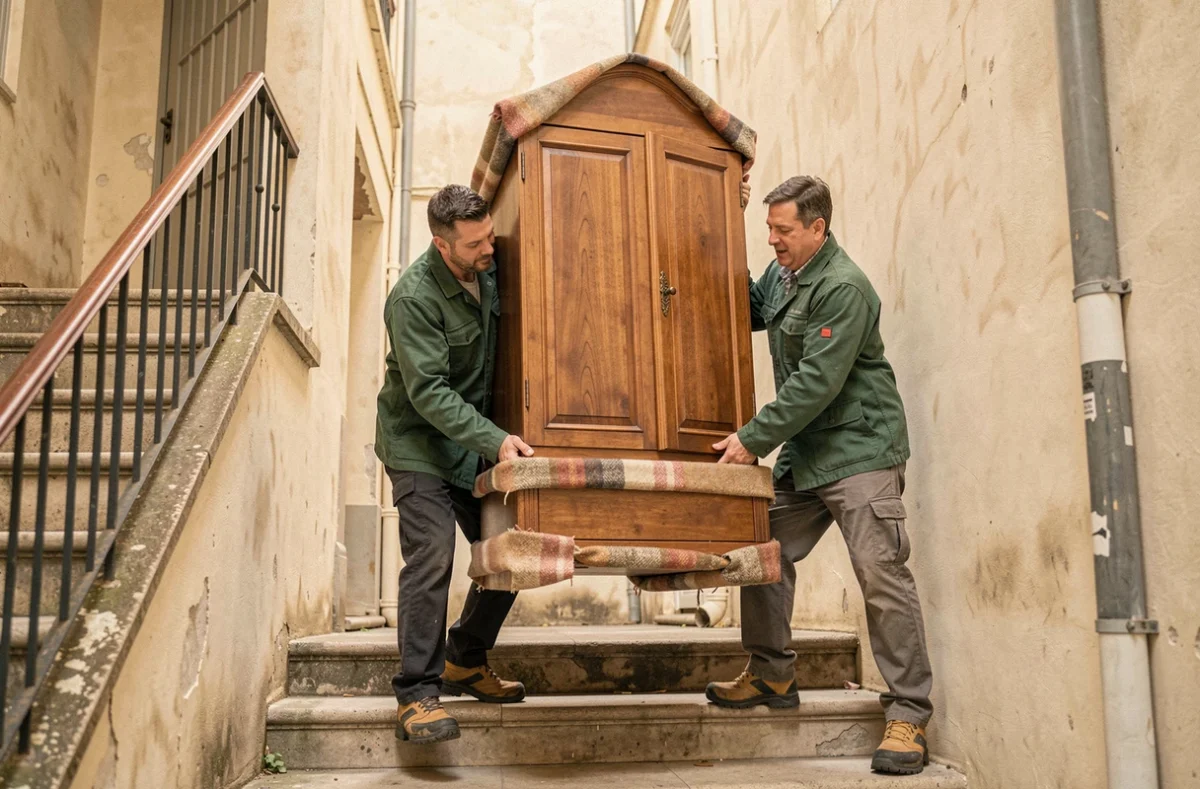 Deux déménageurs des Compagnons Débarrasseurs descendant une armoire dans un immeuble nantais