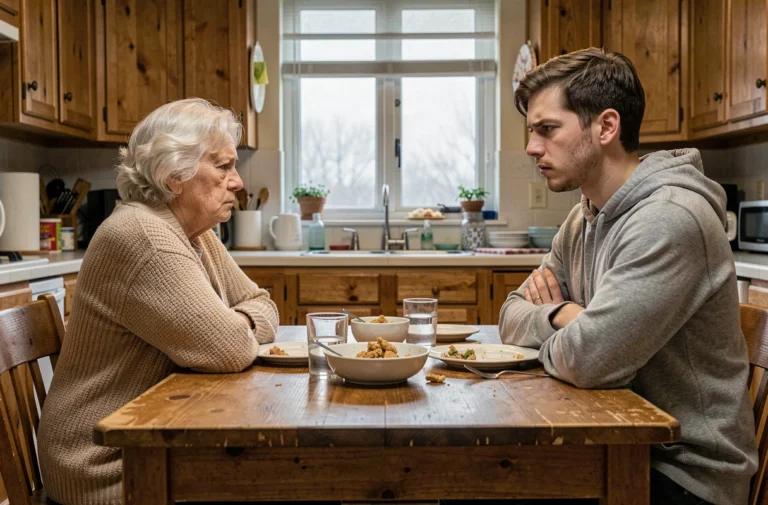 Conflit de génération lors d'un repas en famille entre une grand-mère et son petit-fils adulte