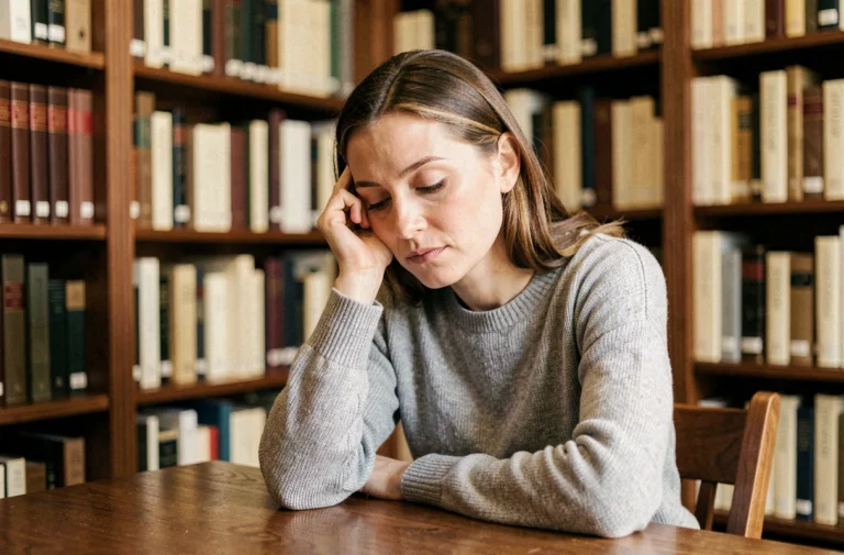 Femme pensive en bibliothèque illustrant l'introspection et la conscience de soi