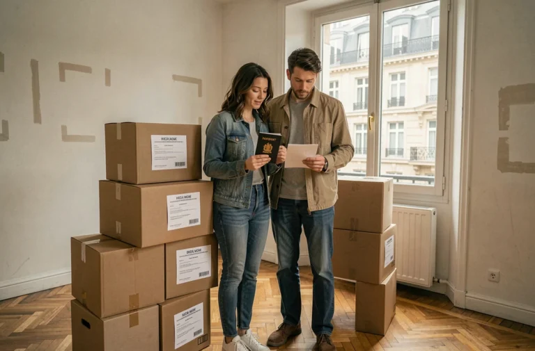 Couple français en train de préparer leurs cartons de déménagement pour quitter la France, tenant un passeport dans un appartement parisien vidé