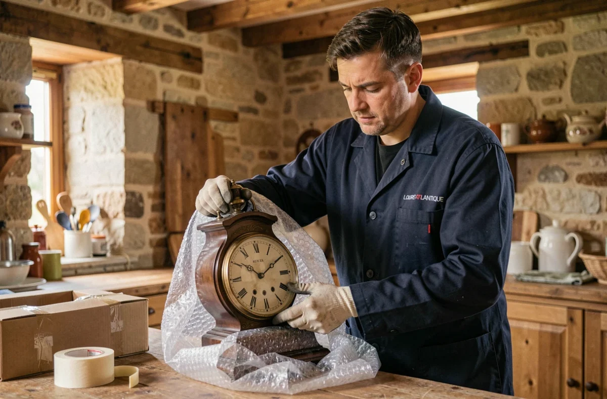 Agent de Débarras Atlantique emballant une horloge ancienne dans une ferme de Loire-Atlantique