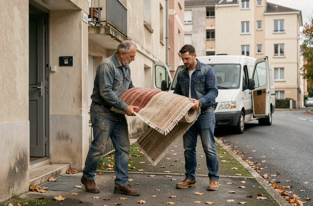 Équipe de Débarras Service Nantes évacuant un tapis hors d'un immeuble nantais