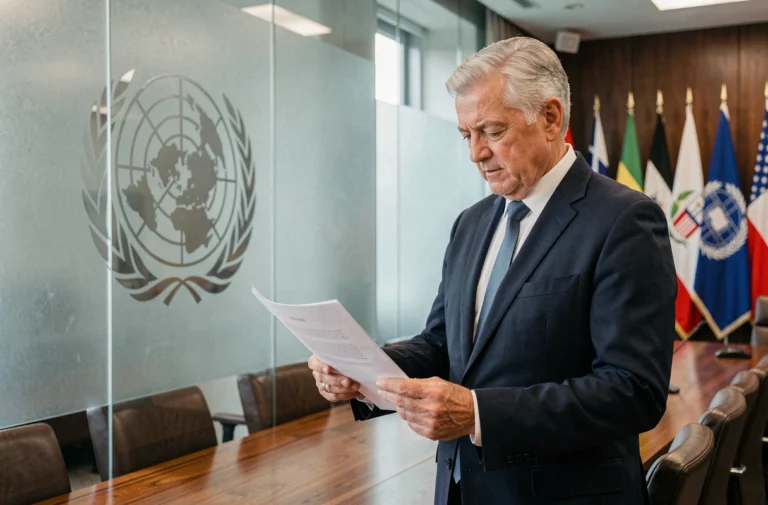 Diplomate senior étudiant des documents officiels devant l'emblème des Nations Unies dans une salle de conférence formelle