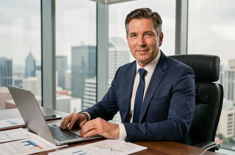 Cadre dirigeant de banque en costume bleu marine assis à son bureau exécutif avec vue sur la ville, illustrant les postes les mieux rémunérés dans le secteur bancaire