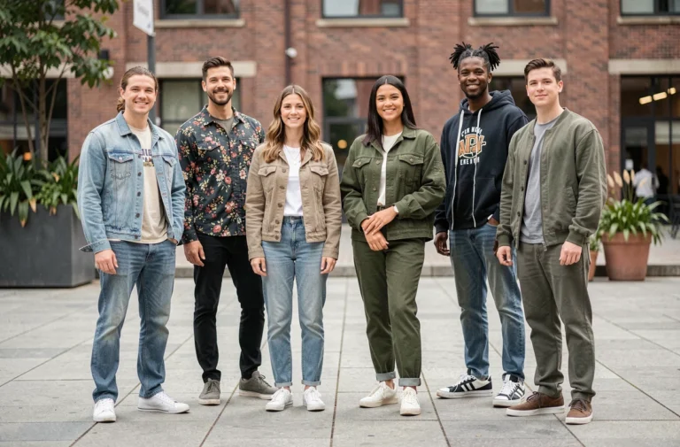 Groupe de jeunes adultes divers en tenues variées dans une place urbaine, illustrant la diversité des genres et des expressions identitaires