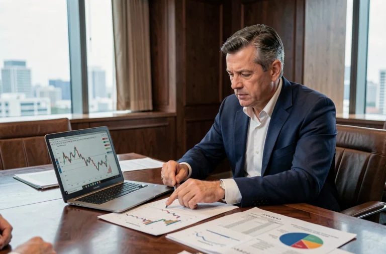 Économiste analysant des graphiques de taux d'intérêt dans une salle de conférence de banque centrale, illustrant les instruments de la politique monétaire