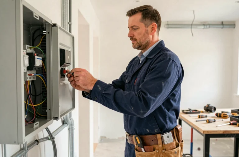 Électricien professionnel travaillant sur un tableau électrique dans une maison rénovée, illustrant les métiers artisanaux bien rémunérés