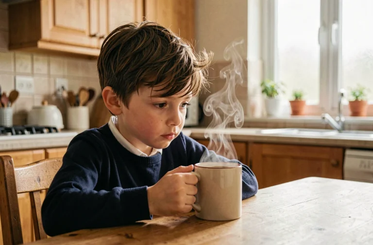 Enfant de 10 ans regardant curieusement une tasse de café sur une table en bois dans une cuisine familiale