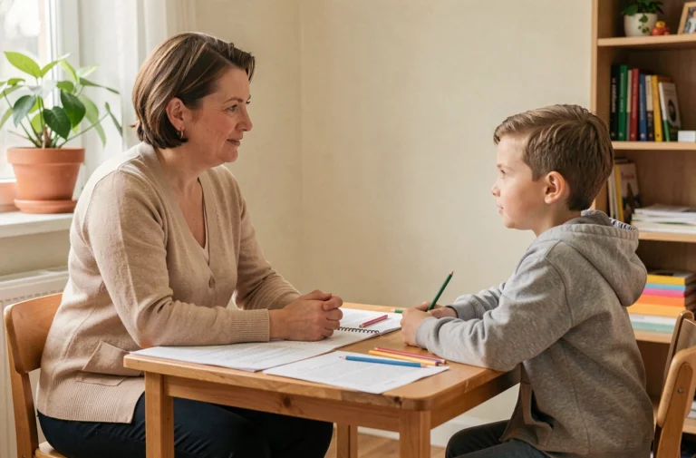 Travailleuse sociale discutant avec un jeune garçon dans un bureau bienveillant, illustrant l'accompagnement d'un enfant pupille de l'État