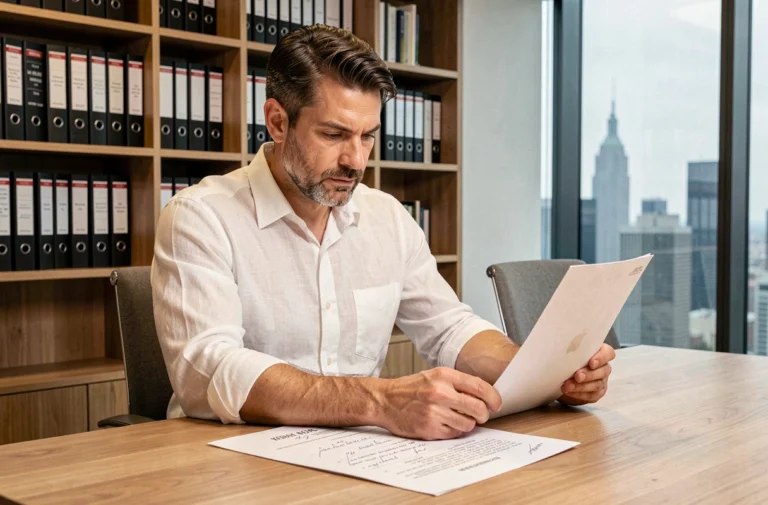 Entrepreneur examinant des documents de brevet dans son bureau moderne pour protéger son innovation