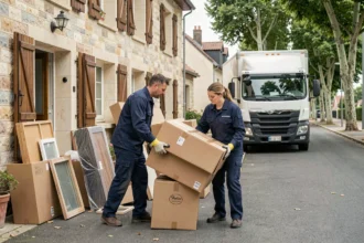 Équipe professionnelle de débarras transportant des meubles hors d'une maison en Loire-Atlantique