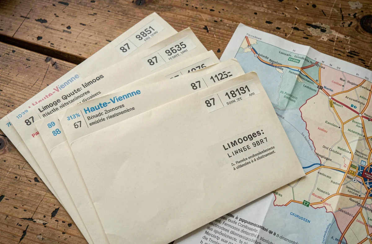 Enveloppes postales avec codes postaux 87000 de Limoges et carte des arrondissements sur un bureau en bois
