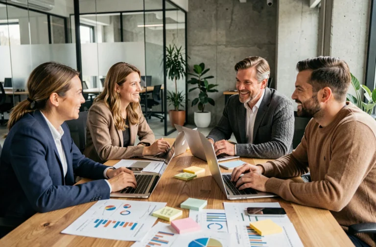 Équipe de professionnels collaborant autour d'une table de réunion avec des graphiques et des ordinateurs portables pour mesurer la collaboration