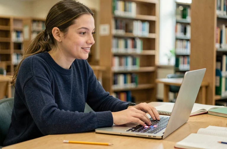 Étudiante utilisant un jeu sérieux sur ordinateur dans une bibliothèque universitaire pour apprendre de manière interactive