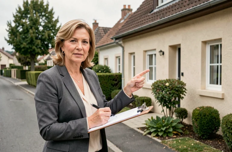 Évaluatrice immobilière devant une maison pavillonnaire en banlieue tenant un clipboard lors d'une expertise gratuite