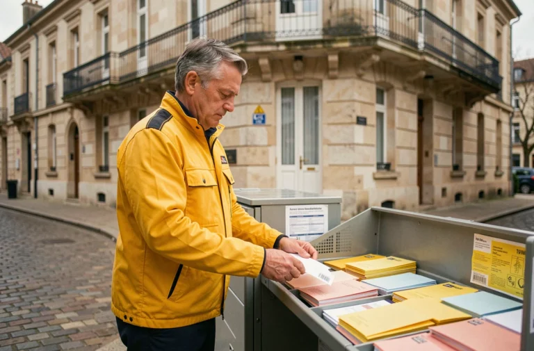 Facteur La Poste triant des courriers devant un immeuble typique de Limoges avec façades en pierre