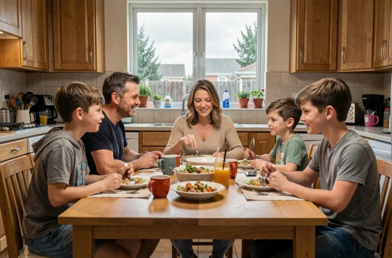 Famille recomposée réunie autour d'une table de cuisine, avec parents et enfants d'âges différents partageant un repas dans une atmosphère naturelle et authentique