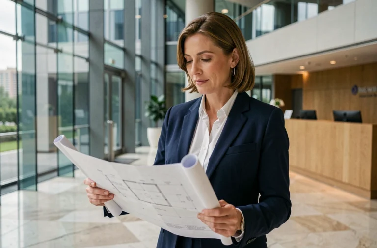 Femme d'affaires devant le siège d'une grande société d'investissement immobilier