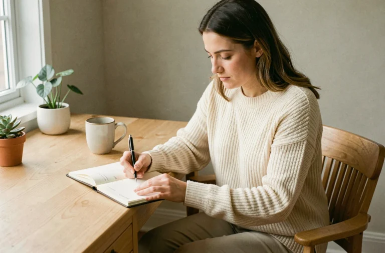 Femme organisant sa journée à domicile en écrivant dans un agenda papier à son bureau en bois