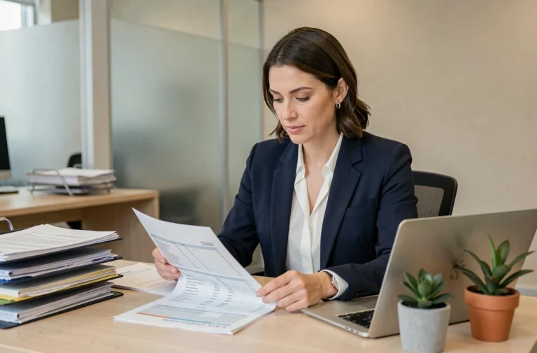 Femme professionnelle analysant un budget prévisionnel sur des feuilles de calcul dans un bureau moderne