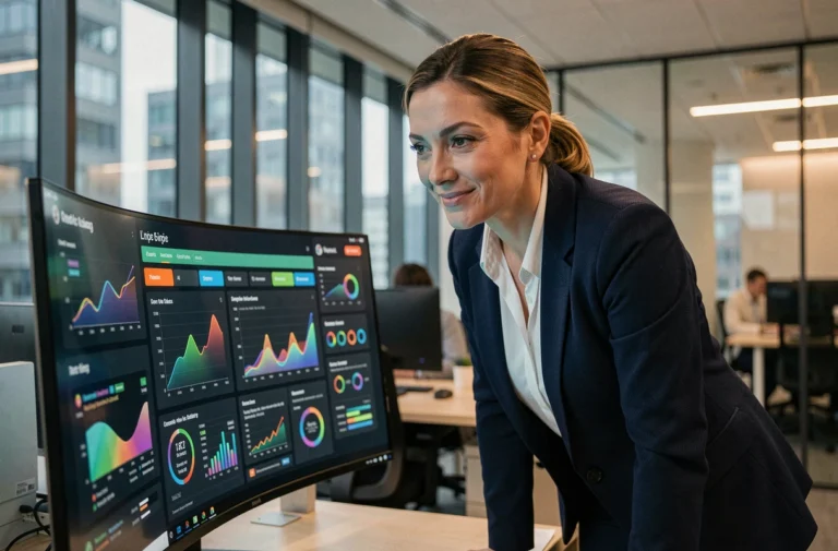 Femme professionnelle analysant des tableaux de bord d'intelligence artificielle sur un grand écran dans un bureau moderne