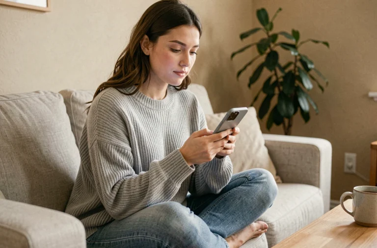 Jeune femme utilisant une application de santé mentale sur son smartphone dans un salon cosy et apaisant
