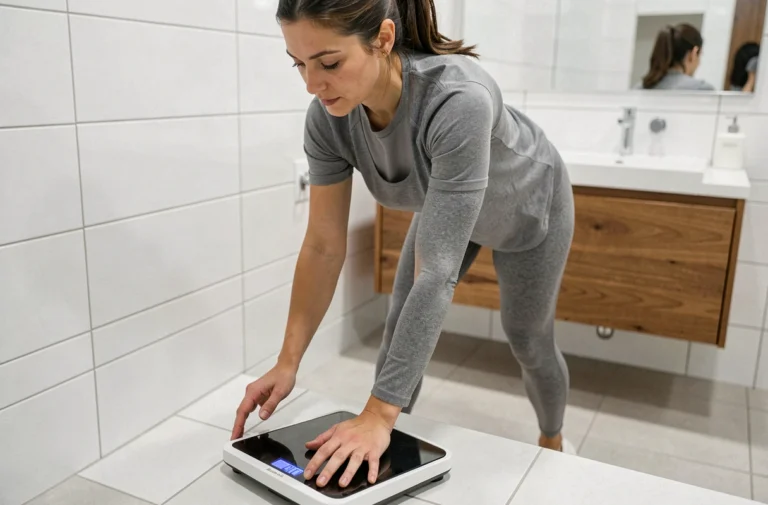 Femme sportive debout sur une balance numérique dans une salle de bain moderne, illustrant la perte de poids hebdomadaire