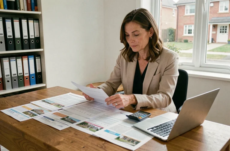 Femme analysant des annonces immobilières et comparant les prix de maisons à son bureau