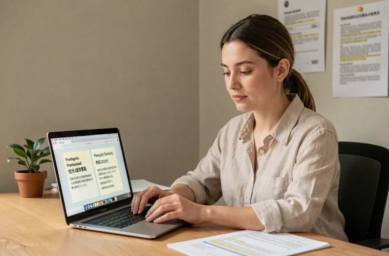Femme comparant des traductions IA sur un ordinateur portable dans un bureau moderne