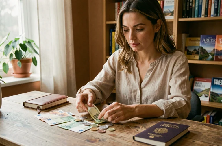 Jeune femme comptant des billets et des pièces de monnaie sur un bureau en bois avec un passeport et un carnet de voyage pour financer son voyage