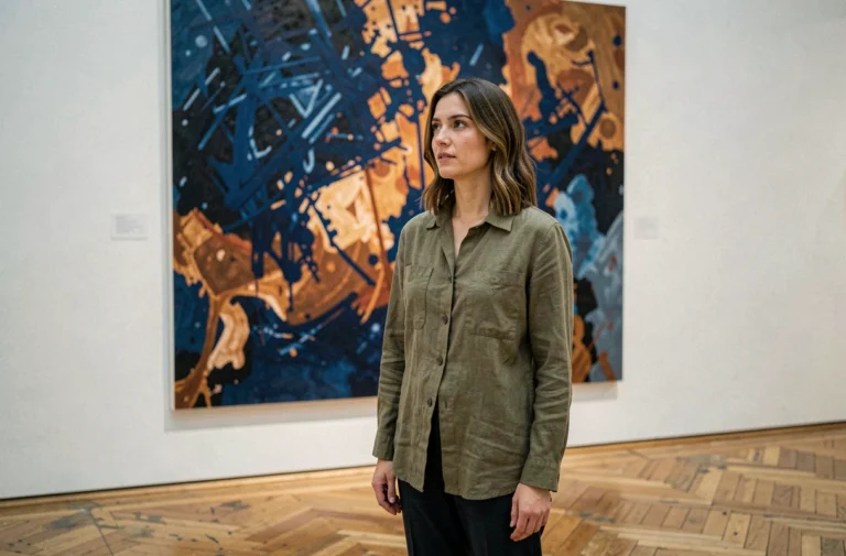 Femme contemplant une grande peinture abstraite dans un musée d'art contemporain, illustrant l'influence de l'art sur les émotions