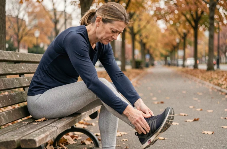 Femme d'âge moyen assise sur un banc de parc qui masse son pied douloureux après une longue marche, illustrant les inconvénients physiques de la marche prolongée