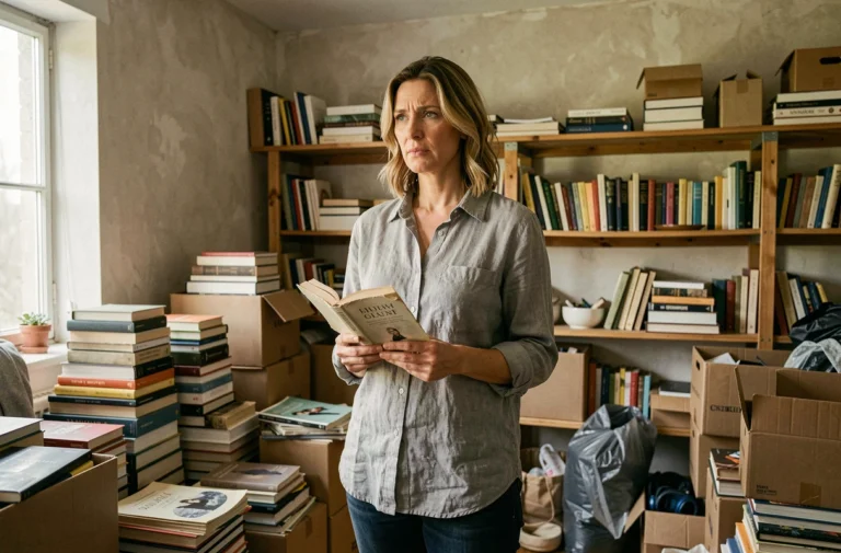 Femme fatiguée entourée d'objets encombrants dans un salon désordonné, tenant un livre usé, illustrant le besoin de désencombrement