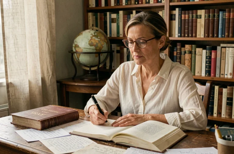 Femme lisant un livre basé sur une histoire vraie dans une bibliothèque personnelle