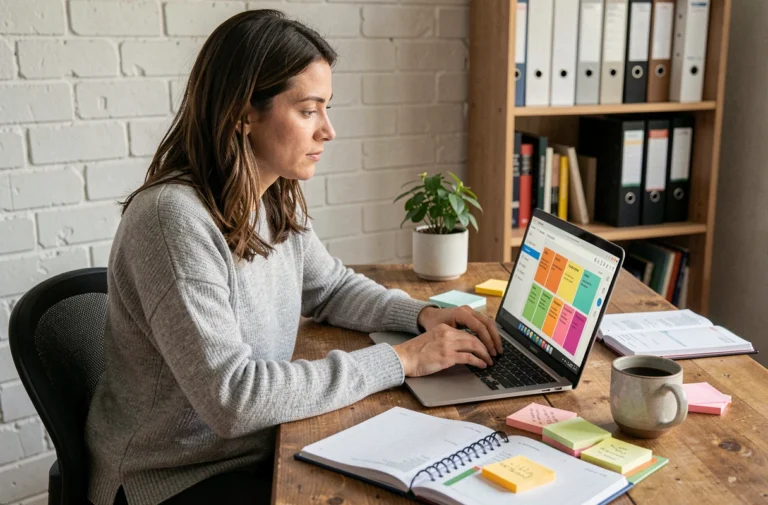 Femme organisée travaillant sur un logiciel de gestion de tâches depuis son bureau à domicile