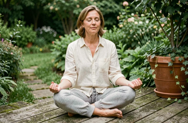 Femme en méditation sur une terrasse en bois entourée de verdure, illustrant le bien-être et la pleine conscience